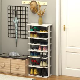Costway 7 Tiers Double Shoe Rack Entryway Tall Display Shelf Vertical Corner Shoe Stand Shelf for 14 Pairs in White - thumbnail 3