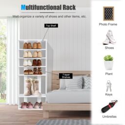 Costway 7 Tiers Double Shoe Rack Entryway Tall Display Shelf Vertical Corner Shoe Stand Shelf for 14 Pairs in White - thumbnail 4