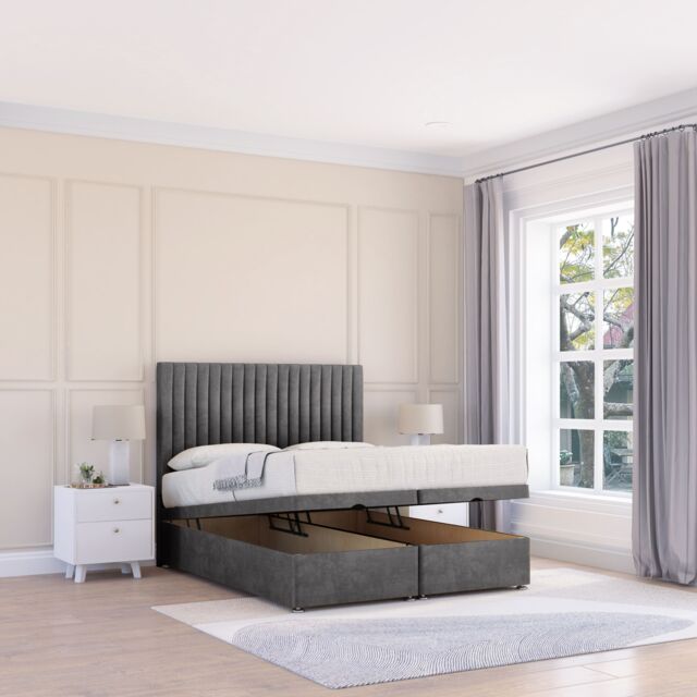 Sloomy Manhattan Plush Fabric Ottoman Bed End Opening With Sprung Memory Mattress & 26 Inch strut Headboard in Dark Grey - Size: Small Single - image 1