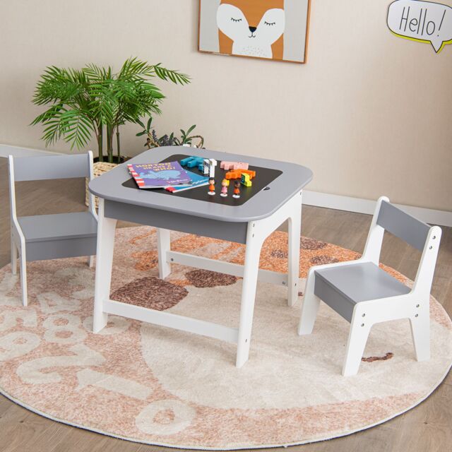 Costway 3 Pcs Kids Table & Chair Set Toddler Activity Writing Double-sized Tabletop in Grey - image 1