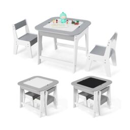 Costway 3 Pcs Kids Table & Chair Set Toddler Activity Writing Double-sized Tabletop in Grey - thumbnail 5