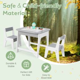 Costway 3 Pcs Kids Table & Chair Set Toddler Activity Writing Double-sized Tabletop in Grey - thumbnail 4