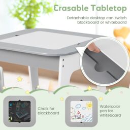 Costway 3 Pcs Kids Table & Chair Set Toddler Activity Writing Double-sized Tabletop in Grey - thumbnail 3
