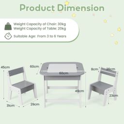 Costway 3 Pcs Kids Table & Chair Set Toddler Activity Writing Double-sized Tabletop in Grey - thumbnail 6