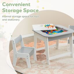 Costway 3 Pcs Kids Table & Chair Set Toddler Activity Writing Double-sized Tabletop in Grey - thumbnail 2