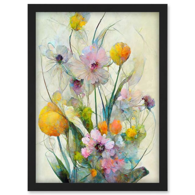 Artery8 Elegant Watercolour Pink & Yellow Spring Flower Bouquet Illustration Artwork Framed Wall Art Print A4 in Black - image 1