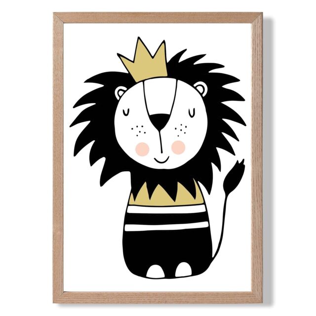 ARTZE Cute Lion Scandi Animal Framed Print SIZE: A2 with Oak Frame in Yellow - Size: A4 - image 1