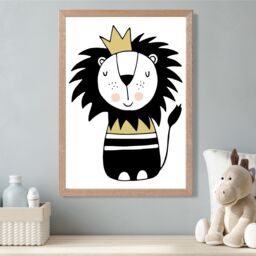 ARTZE Cute Lion Scandi Animal Framed Print SIZE: A2 with Oak Frame in Yellow - Size: A4 - thumbnail 2