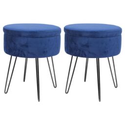 Harbour Housewares Round Velvet Storage Footstools - H45 x D36cm - Black Legs - Pack of 2 in Blue
