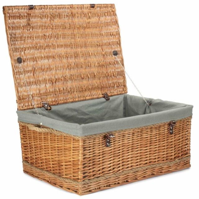 Red Hamper 72cm Double Steamed Rope Handled Wicker Trunk Grey Cotton Lining - image 1