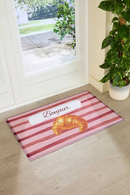 Artsy Mats Croissant Bonjour Indoor Outdoor Doormat in Pink - Size: 40 cm x 70 cm - image 1