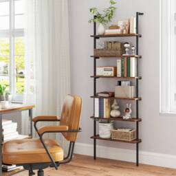 Costway 6-Tier Ladder Shelf Wall Mounted Bookshelf with Metal Frame-Coffee in Brown - thumbnail 6