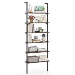 Costway 6-Tier Ladder Shelf Wall Mounted Bookshelf with Metal Frame-Coffee in Brown - thumbnail 1