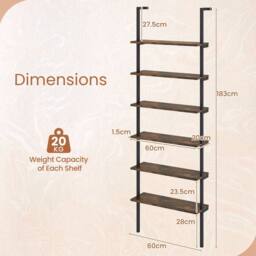 Costway 6-Tier Ladder Shelf Wall Mounted Bookshelf with Metal Frame-Coffee in Brown - thumbnail 4