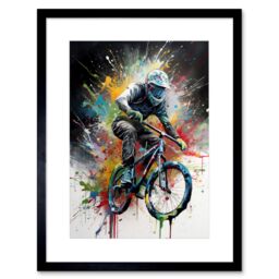 "Artery8 Wall Art Print Mountain Biking Extreme Sport Paint Splat Portrait Artwork Framed 9X7 Inch in Black - Size: W7"" x H9""" - thumbnail 1