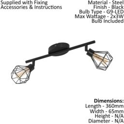 Loops Flush 2 Spot Ceiling Light Colour Black Steel Shade Amber Glass Bulb G9 2x3W - thumbnail 2