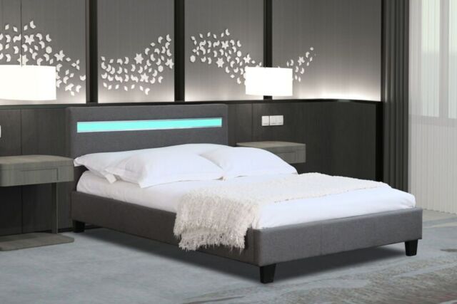 Comfy Living Ltd Modern Hopsack Fabric Upholstered Bedframe With LED Strip in Dark Grey - Size: Small Double - image 1