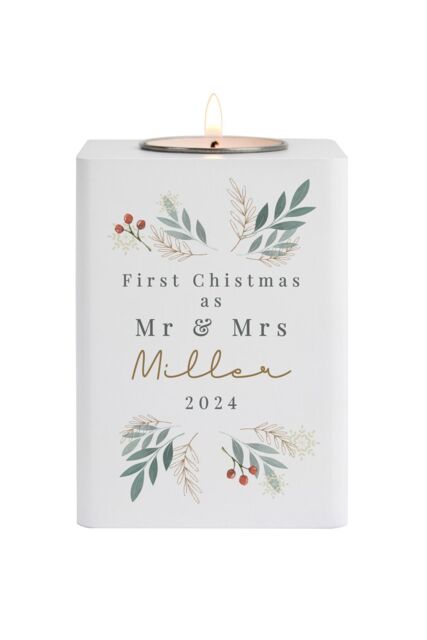 Personalised Memento Company Personalised Christmas Foliage White Tealight Holder - image 1