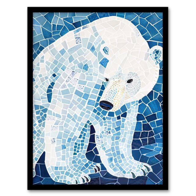 "Artery8 Polar Bear Blue White Mosaic Pattern Folk Art Framed Art Print - Size: W12"" x H16""" - image 1