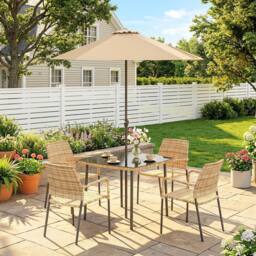OUTSUNNY 4 Seater Rattan Dining Set with Parasol, Light Brown - thumbnail 1