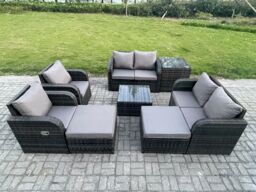 Fimous Garden Furniture Set Rattan Outdoor Lounge Sofa Chair With Tempered Glass Table 2 Big Footstool Side Table Dark Grey Mixed - thumbnail 1