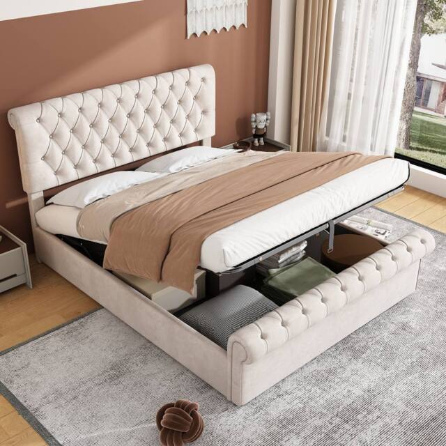 Matteo Luxurious Velvet Double Bed with Button-Tufted Sleigh, Beige - image 1