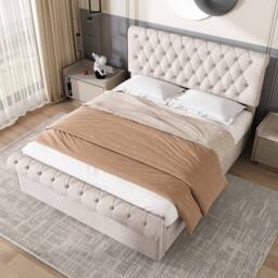 Matteo Luxurious Velvet Double Bed with Button-Tufted Sleigh, Beige - thumbnail 4