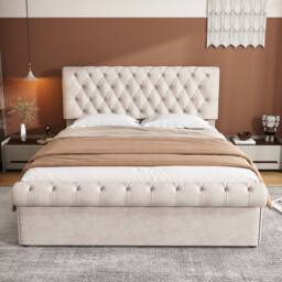 Matteo Luxurious Velvet Double Bed with Button-Tufted Sleigh, Beige - thumbnail 2