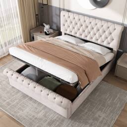 Matteo Luxurious Velvet Double Bed with Button-Tufted Sleigh, Beige - thumbnail 5