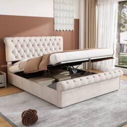 Matteo Luxurious Velvet Double Bed with Button-Tufted Sleigh, Beige - thumbnail 3