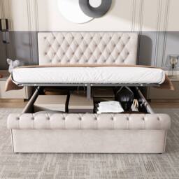 Matteo Luxurious Velvet Double Bed with Button-Tufted Sleigh, Beige - thumbnail 6