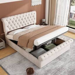 Matteo Luxurious Velvet Double Bed with Button-Tufted Sleigh, Beige - thumbnail 1