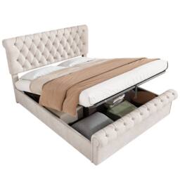 Matteo Luxurious Velvet Double Bed with Button-Tufted Sleigh, Beige - thumbnail 8