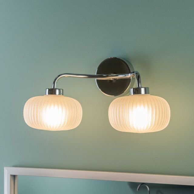 ValueLights Amaia Polished Chrome IP44 Rated 2 Way Frosted Ribbed Glass Wall Light in Silver - image 1