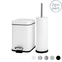 Harbour Housewares 3L Mismatched Bathroom Bin & Brush Set Slim Stainless Steel Toilet Set in White