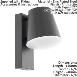 Loops IP44 Outdoor Wall Down Light Anthracite Zinc Plated Steel 1 x 10W E27 Bulb in Metallics - thumbnail 2