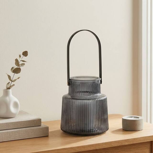 Garden Greatness Contemporary Grey Ribbed Glass Lantern - Size: 1 Pack - image 1