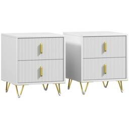 HOMCOM Modern Nightstand, Set of 2 Fluted Bedside Table for Bedroom, White - thumbnail 2