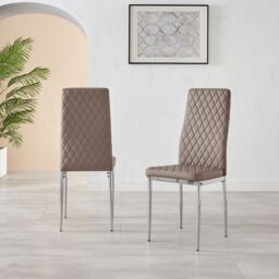 FurnitureboxUK Set of 6 Milan High Back Soft Touch Diamond Pattern Faux Leather Dining Chairs With Silver Chrome Metal Legs in Beige - thumbnail 2