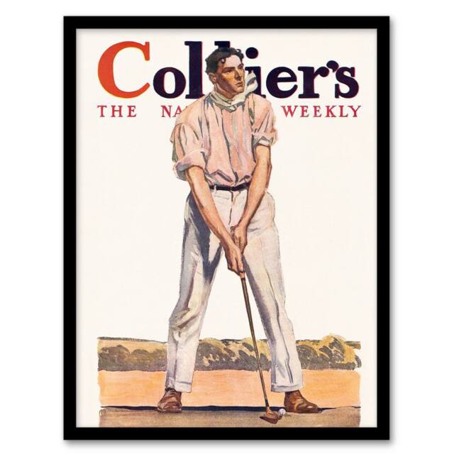 Artery8 Vintage Magazine Cover Golfer Framed Wall Art Print Edward Penfield in White - Size: A4 - image 1