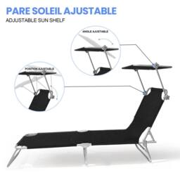 Alivio 5-Level Folding Recliner Lounge Chair with Adjustable Backrest Sunshade Bed (Light Grey) in Black - thumbnail 4