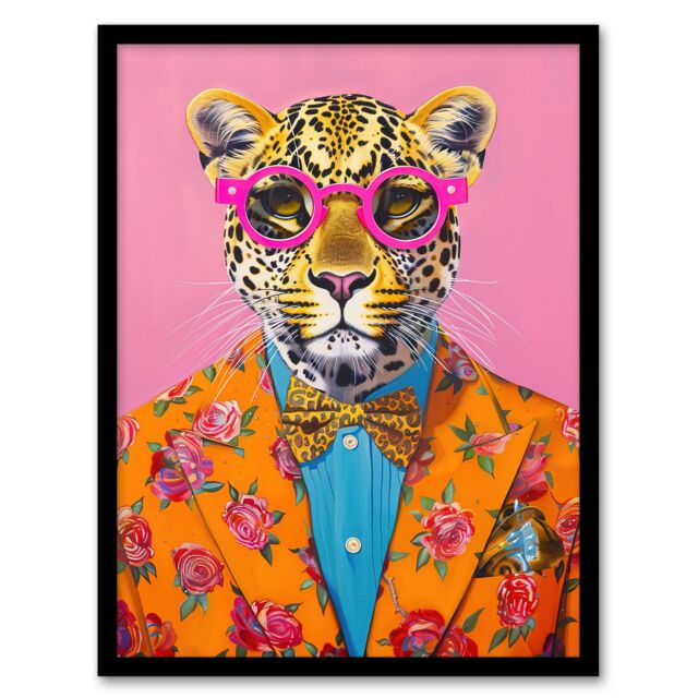 "Artery8 Dandy Leopard Floral Suit Glasses Bow Tie Vibrant Framed Art Print - Size: W12"" x H16""" - image 1