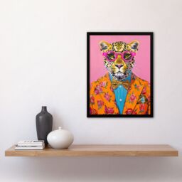 "Artery8 Dandy Leopard Floral Suit Glasses Bow Tie Vibrant Framed Art Print - Size: W12"" x H16""" - thumbnail 4