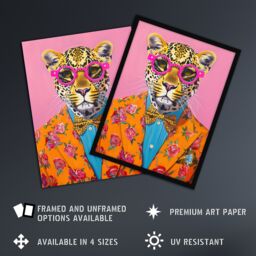 "Artery8 Dandy Leopard Floral Suit Glasses Bow Tie Vibrant Framed Art Print - Size: W12"" x H16""" - thumbnail 2