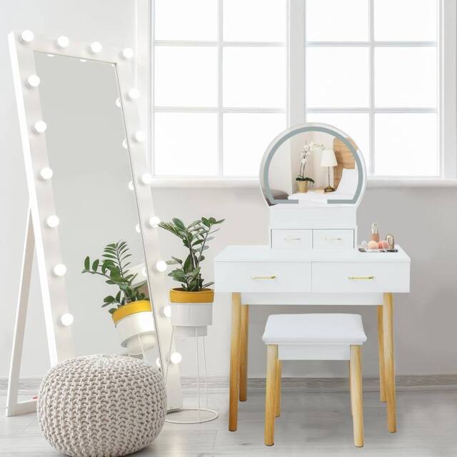 Alivio Women's Dressing Table Set with LED Lights Mirror, Cushioned Stool, 4 Drawers Makeup Table in White - image 1