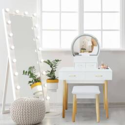 Alivio Women's Dressing Table Set with LED Lights Mirror, Cushioned Stool, 4 Drawers Makeup Table in White - thumbnail 1