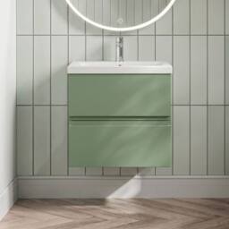 Balterley Mavesyn 2 Drawer Wall Hung Vanity Basin Unit, Satin Green, 600mm in Green - thumbnail 3