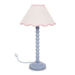 ValueLights Bobbins Powder Blue Table Lamp with Tapered Natural Linen Scallop Shade & Bulb in Pale Pink - thumbnail 2