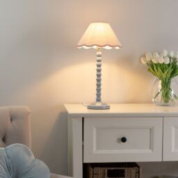 ValueLights Bobbins Powder Blue Table Lamp with Tapered Natural Linen Scallop Shade & Bulb in Pale Pink - thumbnail 1