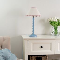ValueLights Bobbins Powder Blue Table Lamp with Tapered Natural Linen Scallop Shade & Bulb in Pale Pink - thumbnail 5